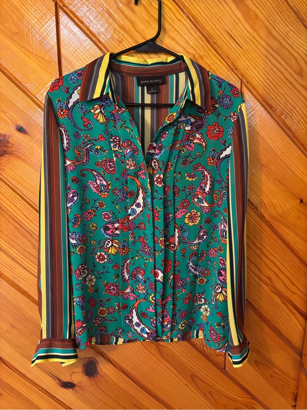 Duro Olowu Green Paisley-Print Button Front Blouse with Stripe Trim